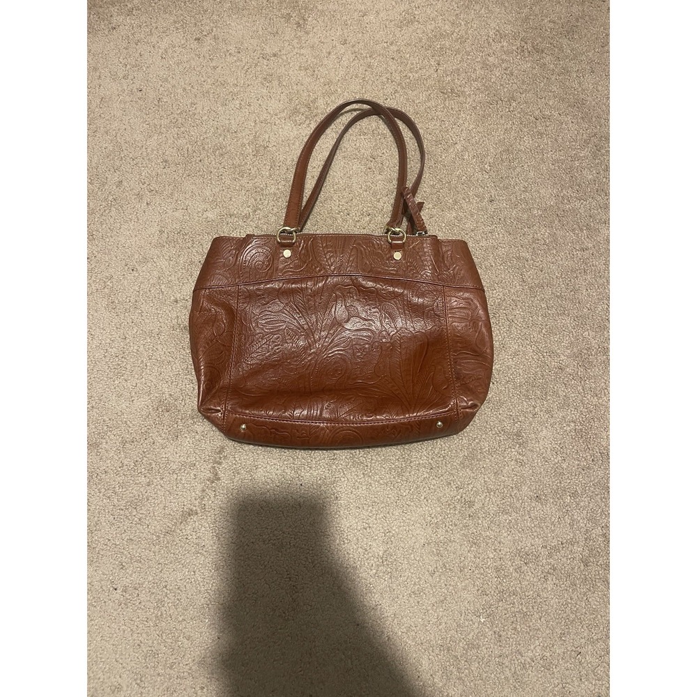 American Leather Co. Triple Entry Brown Tooled Leather Satchel Purse Bag